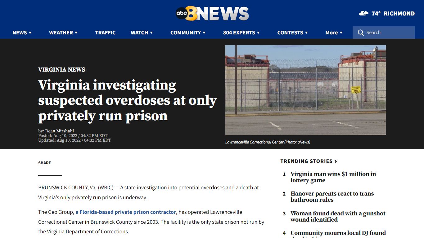 Virginia investigating suspected overdoses at only privately run prison ...